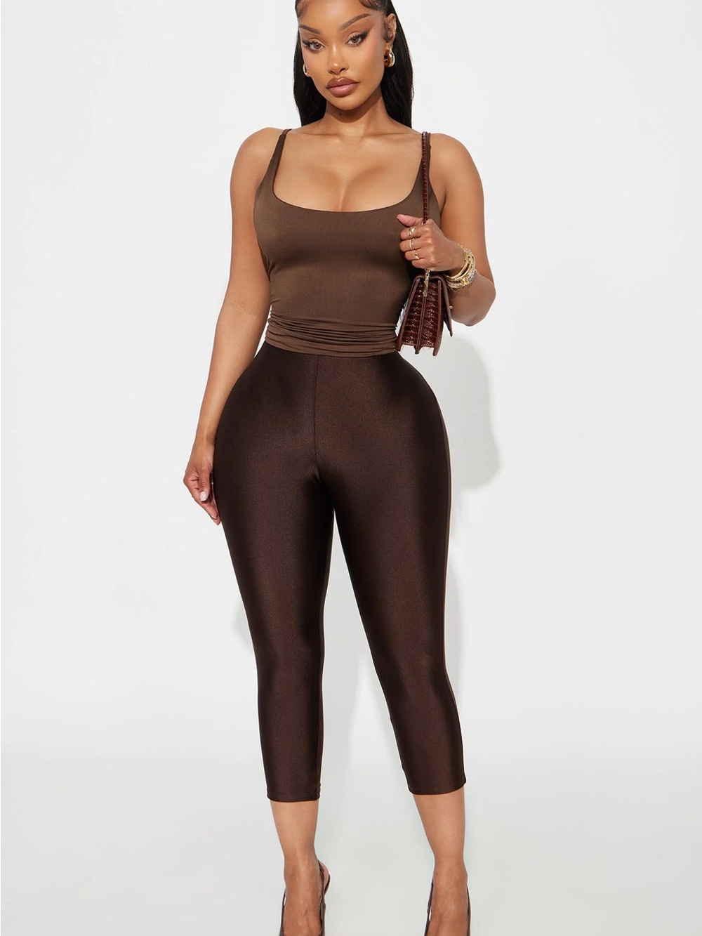 Fashion Nova Chocolate Brown Sleeveless Knit Jumpsuit Capri